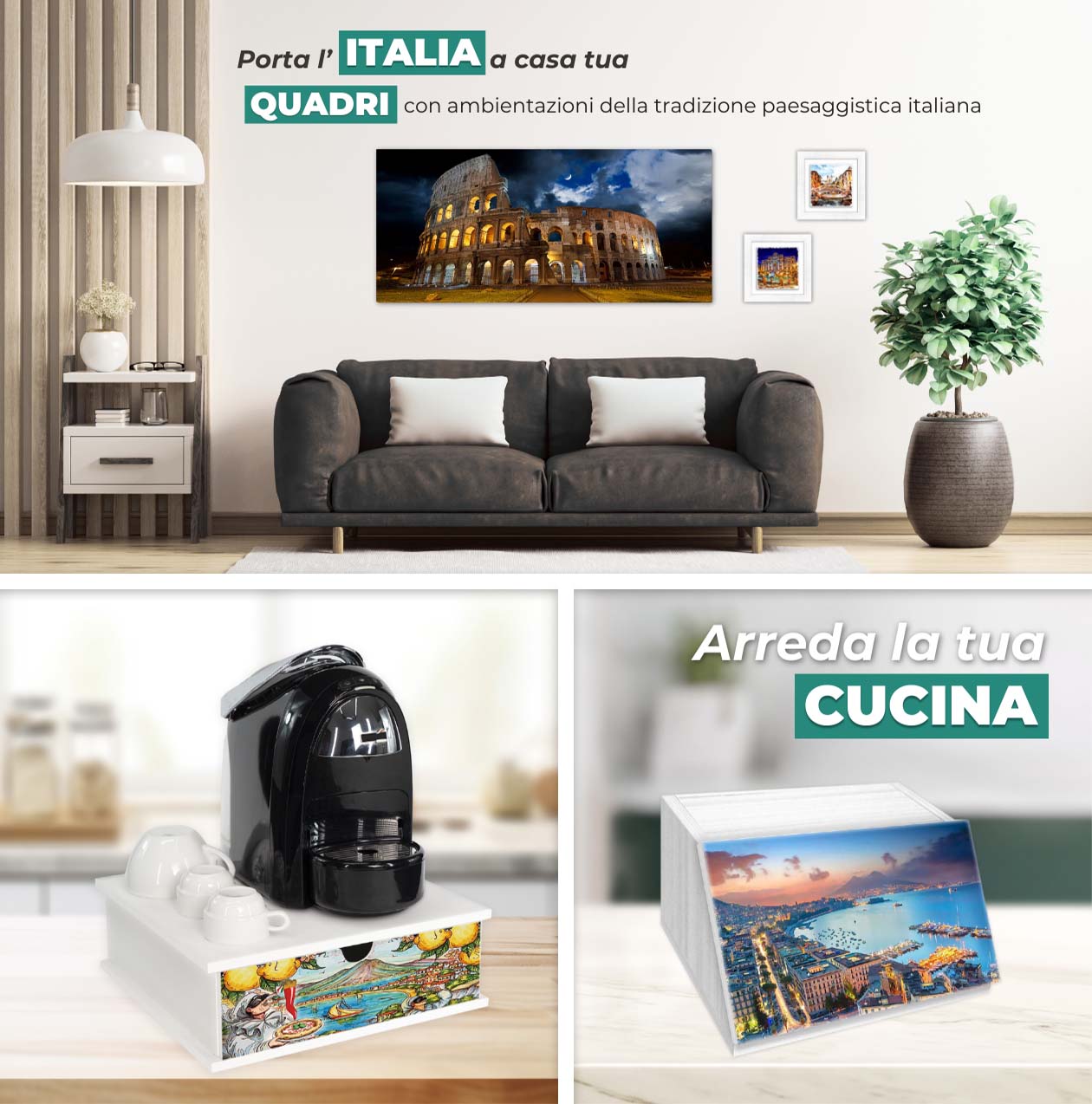 Localismi paesaggi quadri italia Complementi e accessori per arredare tavola e cucina, cassette in legno portafrutta multiuso, organizer