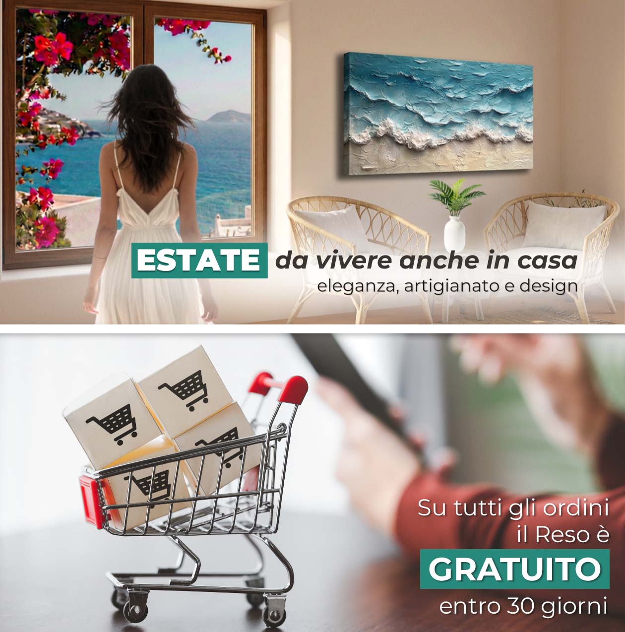 Soggiorno moderno luminoso in stile mediterraneo, quadri con cornici in legno, pareti decorate, colori estivi bianco, beige e azzurro, luce naturale, atmosfera elegante e rilassante