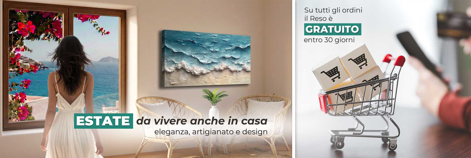 Soggiorno moderno luminoso in stile mediterraneo, quadri con cornici in legno, pareti decorate, colori estivi bianco, beige e azzurro, luce naturale, atmosfera elegante e rilassante