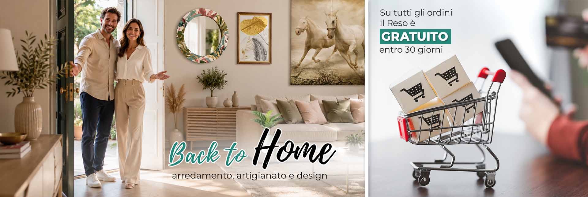 Soggiorno moderno luminoso in stile mediterraneo, quadri con cornici in legno, pareti decorate, colori estivi bianco, beige e azzurro, luce naturale, atmosfera elegante e rilassante