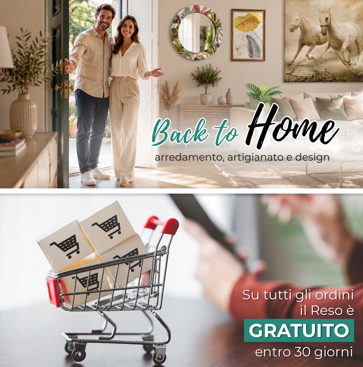 Soggiorno moderno luminoso in stile mediterraneo, quadri con cornici in legno, pareti decorate, colori estivi bianco, beige e azzurro, luce naturale, atmosfera elegante e rilassante