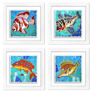 Set 4 Quadri moderni stampa su CERAMICA cornice Shabby MODERN White FISHES Vetrate con pesci - 18x18 cm del brand Lupia, categoria: Arredo e decorazioni > Quadri e Tele > Quadri su ceramica.