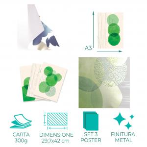Set con 3 POSTER Quadri moderni GREEN BUBBLES A3 29,7x42 ART PRINTS METAL finitura metallizzata soggiorno camera da letto, astratti SENZA CORNICE del brand Lupia, categoria: Arredo e decorazioni > Poster > Poster Art Prints Metal.