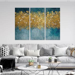 Quadro Moderno 3 pezzi stampa su tela GRANDE QUADRO 100x150 cm FLYING TREES, uccelli in foresta astratta oro per soggiorno, capezzale camera da letto del brand Lupia, categoria: Arredo e decorazioni > Quadri e Tele > Grandi Quadri.