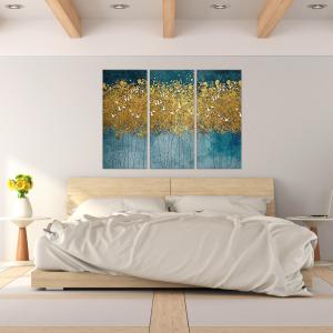 Quadro Moderno 3 pezzi stampa su tela GRANDE QUADRO 100x150 cm FLYING TREES, uccelli in foresta astratta oro per soggiorno, capezzale camera da letto del brand Lupia, categoria: Arredo e decorazioni > Quadri e Tele > Grandi Quadri.