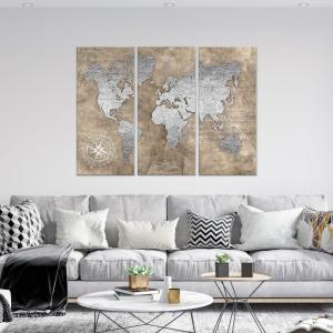 Quadro Moderno 3 pezzi stampa su tela GRANDE QUADRO 100x150 cm WORLD BROWN SILVER, carta geografica mappamondo per soggiorno, capezzale camera da letto del brand Lupia, categoria: Arredo e decorazioni > Quadri e Tele > Grandi Quadri.