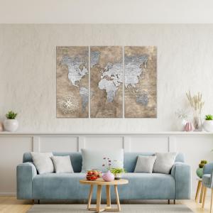 Quadro Moderno 3 pezzi stampa su tela GRANDE QUADRO 100x150 cm WORLD BROWN SILVER, carta geografica mappamondo per soggiorno, capezzale camera da letto del brand Lupia, categoria: Arredo e decorazioni > Quadri e Tele > Grandi Quadri.