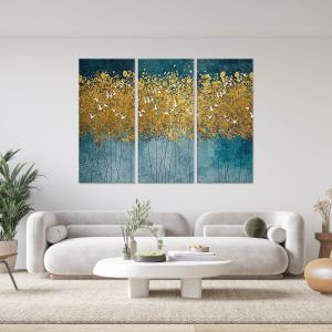 Quadro Moderno 3 pezzi stampa su tela GRANDE QUADRO 122x180 cm FLYING TREES, uccelli in foresta astratta oro per soggiorno, capezzale camera da letto del brand Lupia, categoria: Arredo e decorazioni > Quadri e Tele > Grandi Quadri.