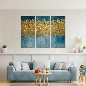 Quadro Moderno 3 pezzi stampa su tela GRANDE QUADRO 122x180 cm FLYING TREES, uccelli in foresta astratta oro per soggiorno, capezzale camera da letto del brand Lupia, categoria: Arredo e decorazioni > Quadri e Tele > Grandi Quadri.