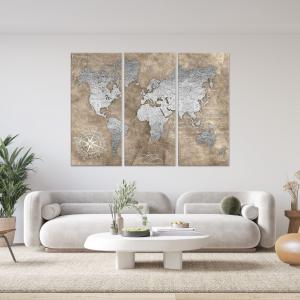 Quadro Moderno 3 pezzi stampa su tela GRANDE QUADRO 122x180 cm WORLD BROWN SILVER, carta geografica mappamondo per soggiorno, camera da letto, ufficio del brand Lupia, categoria: Arredo e decorazioni > Quadri e Tele > Grandi Quadri.