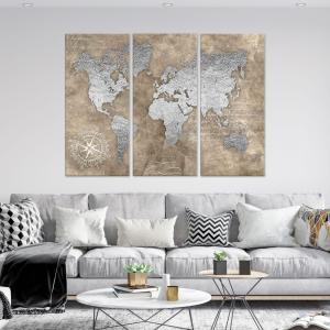 Quadro Moderno 3 pezzi stampa su tela GRANDE QUADRO 122x180 cm WORLD BROWN SILVER, carta geografica mappamondo per soggiorno, camera da letto, ufficio del brand Lupia, categoria: Arredo e decorazioni > Quadri e Tele > Grandi Quadri.