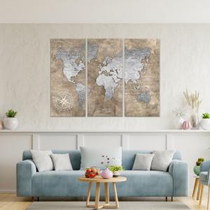 Quadro Moderno 3 pezzi stampa su tela GRANDE QUADRO 122x180 cm WORLD BROWN SILVER, carta geografica mappamondo per soggiorno, camera da letto, ufficio del brand Lupia, categoria: Arredo e decorazioni > Quadri e Tele > Grandi Quadri.