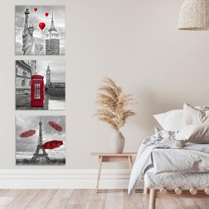 Set 3 pezzi Quadri su tela capitali in rosso Canvas World 57x57 cm CITY RED per soggiorno, capezzale camera da letto, cucina, ufficio del brand Lupia, categoria: Arredo e decorazioni > Quadri e Tele > Quadri a pannelli.
