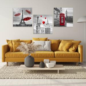 Set 3 pezzi Quadri su tela capitali in rosso Canvas World 57x57 cm CITY RED per soggiorno, capezzale camera da letto, cucina, ufficio del brand Lupia, categoria: Arredo e decorazioni > Quadri e Tele > Quadri a pannelli.