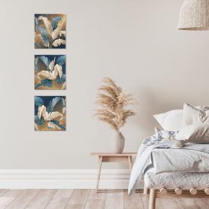 Set 3 pezzi Quadri su tela con foglie toni blu oro Canvas Day 38x38 cm LEAVES WHITE BLUE per soggiorno, capezzale camera da letto, cucina, ufficio del brand Lupia, categoria: Arredo e decorazioni > Quadri e Tele > Quadri su tela.