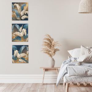 Set 3 pezzi Quadri su foglie blu e oro Canvas World 57x57 cm LEAVES WHITE BLUE per soggiorno, capezzale camera da letto, cucina, ufficio del brand Lupia, categoria: Arredo e decorazioni > Quadri e Tele > Quadri su tela.