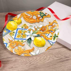 Bomboniera con Scatola bianca SOTTOPENTOLA in vetro temperato stampato LIMONI E ACANTO diam. 21 cm idea regalo per Matrimonio Cresima Comunione Battesimo Anniversario Compleanno del brand Lupia, categoria: Idee regalo e bomboniere > Bomboniere > Bomboniere Sottopentola decorativi.