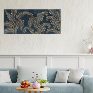 Lupia - Quadro Moderno BRILLANT con Glitter LARGE LEAVES BLUE | Stampa su Tela Poliestere | Decorazione Artigianale Italiana, Arte da Parete per Soggiorno e Ufficio | 65x149 cm, telaio Legno del brand Lupia, categoria: Arredo e decorazioni > Quadri e Tele > Quadri su tela.