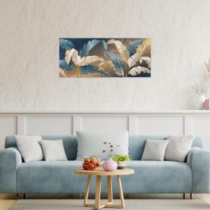 Quadro moderno Stampa su Tela CANVAS WORLD 65x149 cm LEAVES WHITE BLUE, foglie blu e oro, per soggiorno, capezzale camera da letto, ufficio del brand Lupia, categoria: Arredo e decorazioni > Quadri e Tele > Quadri su tela.