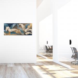 Quadro moderno Stampa su Tela CANVAS WORLD 65x149 cm LEAVES WHITE BLUE, foglie blu e oro, per soggiorno, capezzale camera da letto, ufficio del brand Lupia, categoria: Arredo e decorazioni > Quadri e Tele > Quadri su tela.