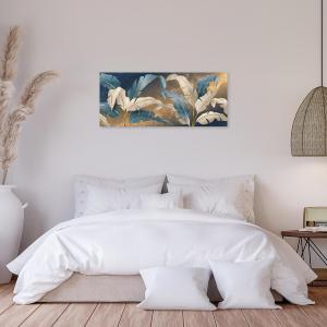 Quadro moderno Stampa su Tela CANVAS WORLD 65x149 cm LEAVES WHITE BLUE, foglie blu e oro, per soggiorno, capezzale camera da letto, ufficio del brand Lupia, categoria: Arredo e decorazioni > Quadri e Tele > Quadri su tela.