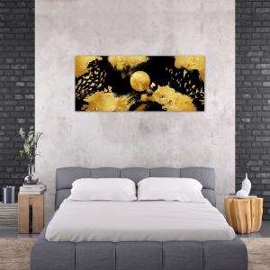 Lupia - Quadro moderno Stampa su Tela Canvas World GOLD NATURE 65x149 cm | Arte Moderna astratta con Uccelli in sfondo oro e nero | Telaio in Fibra di Legno Ecologica, Legno del brand Lupia, categoria: Arredo e decorazioni > Quadri e Tele > Quadri su tela.