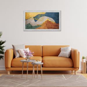 Quadro moderno, per soggiorno camera da letto, con cornice BOSTON colore GREY, 60x110 cm, COLORFUL DESERT stampa su pannello in legno, stile astratto blu, verde marrone oro del brand Lupia, categoria: Arredo e decorazioni > Quadri e Tele > Quadri su Legno.