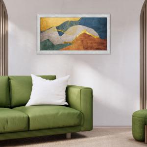 Quadro moderno, per soggiorno camera da letto, con cornice BOSTON colore GREY, 60x110 cm, COLORFUL DESERT stampa su pannello in legno, stile astratto blu, verde marrone oro del brand Lupia, categoria: Arredo e decorazioni > Quadri e Tele > Quadri su Legno.