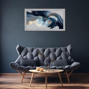 Quadro moderno, per soggiorno camera da letto, con cornice BOSTON colore GREY, 60x110 cm, ABSTRACT FLOWER stampa su pannello in legno, stile floreale blu e oro del brand Lupia, categoria: Arredo e decorazioni > Quadri e Tele > Quadri su Legno.