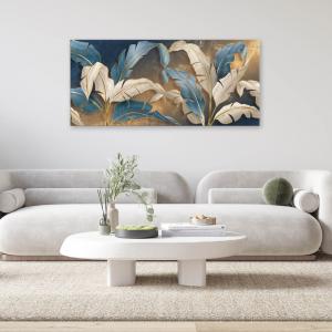 Lupia - Quadro moderno su Tela Canvas DEEP 65x143 cm LEAVES WHITE BLUE, Tela Cotone, Stampa, Made in Italy, Telaio in Legno, casa, soggiorno, capezzale camera da letto, hotel, ufficio del brand Lupia, categoria: Arredo e decorazioni > Quadri e Tele > Quadri su tela.