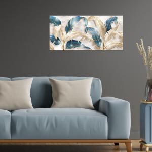 Lupia - Quadro Moderno MONDIE' LEAVES WHITE BLUE BEIGE con Stampa Alta Definizione, Lamina Argento o Oro, Adatto a Soggiorno e Camera, Made in Italy, 31x66 cm, poster su Legno del brand Lupia, categoria: Arredo e decorazioni > Quadri e Tele > Quadri su Legno.