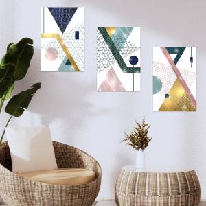 Lupia - Set 3 Quadri Moderni MONDIE' GEOMETRIES 3 con Stampa Alta Definizione, Lamina Argento o Oro, Adatti a Soggiorno e Camera, Made in Italy, 31x46 cm, poster su Legno del brand Lupia, categoria: Arredo e decorazioni > Quadri e Tele > Quadri su Legno.