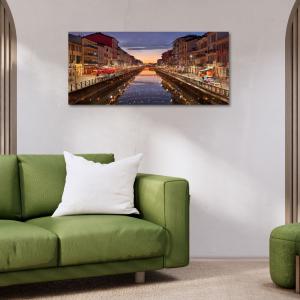 Lupia - Quadro moderno su Tela Canvas DEEP 65X143 cm, con paesaggi e localismi italiani, per casa, soggiorno, capezzale camera da letto, hotel, ufficio, MILANO - NAVIGLIO TWILIGHT             del brand Lupia, categoria: Arredo e decorazioni > Quadri e Tele > Quadri cittÃ  e Localismi.