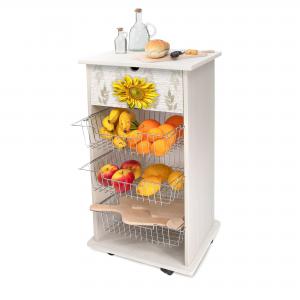 Carrello Portaoggetti Da Cucina Su Ruote Con 4 Ripiani - Metallo Vintage E Legno, Cestini Estraibili