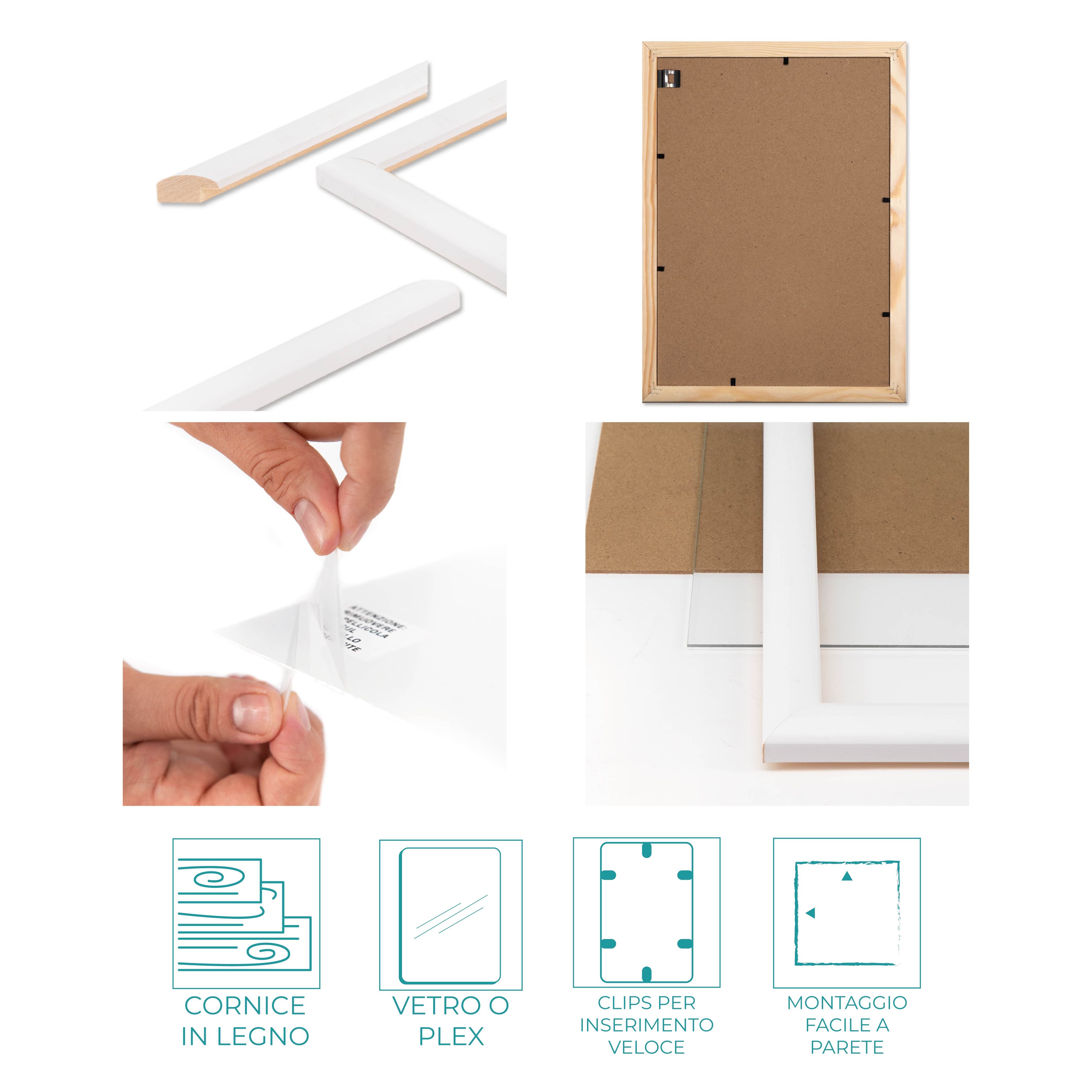 Cornice Per Poster 40x50 Cm In Legno Bianco - Moderna Con Vetro Crilex, Made In Italy - Foto 5