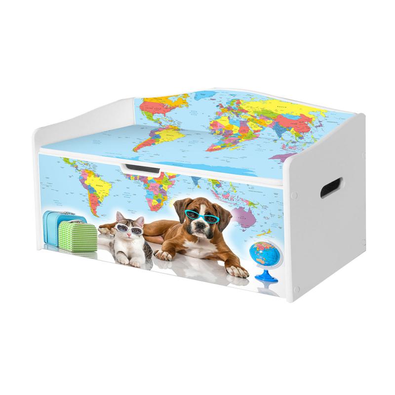 Baule portagiochi in legno per bambini con stampa organizer L68xP28xH40 cm GLOBETROTTERS del brand Lupia, categoria: Complementi d'arredo > Mobili, Cassettiere, Bauletti > Contenitori porta giocattoli, disponibile su Vorreishop.