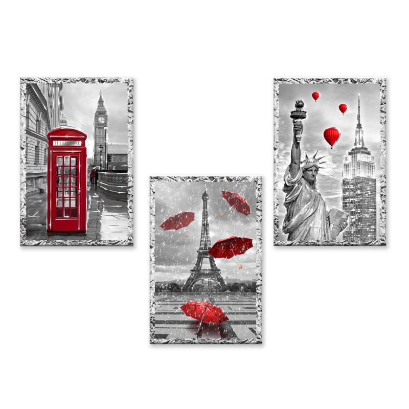 Set 3 quadri moderni in legno con argento Mondie' Paris London New York cm 31X46 CITY RED del brand Lupia, categoria: Arredo e decorazioni > Quadri e Tele > Quadri a pannelli.