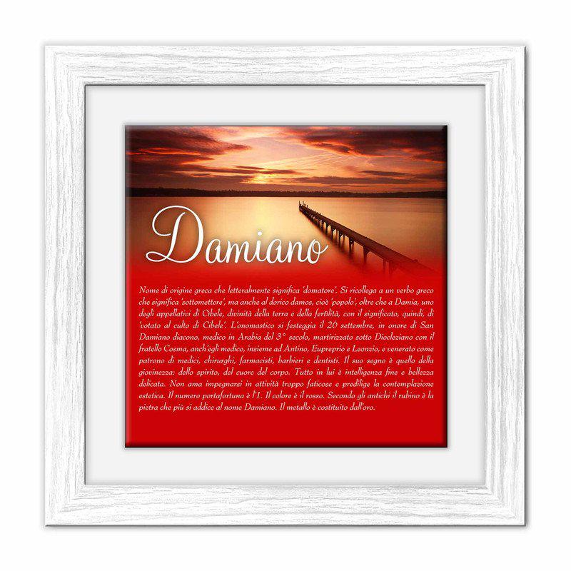 Quadro mattonella Ceramica Modern White 29x29 cm con significato del nome Damiano del brand Lupia, categoria: Idee regalo e bomboniere > Oggettistica > Quadri Ceramica Modern White con significato Nomi, disponibile su Vorreishop.