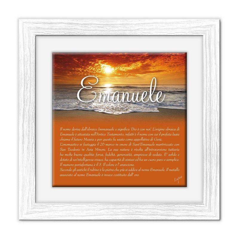 Quadro mattonella Ceramica Modern White 29x29 cm con significato del nome Emanuele del brand Lupia, categoria: Idee regalo e bomboniere > Oggettistica > Quadri Ceramica Modern White con significato Nomi, disponibile su Vorreishop.