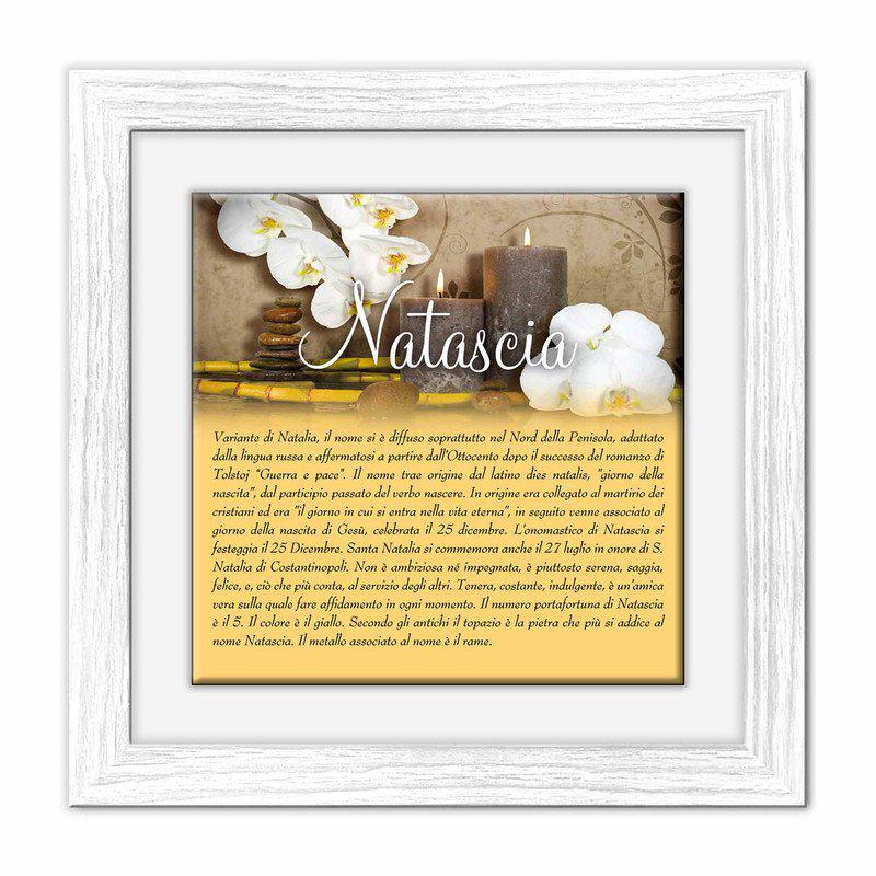 Quadro mattonella Ceramica Modern White 29x29 cm con significato del nome Natascia del brand Lupia, categoria: Idee regalo e bomboniere > Oggettistica > Quadri Ceramica Modern White con significato Nomi, disponibile su Vorreishop.