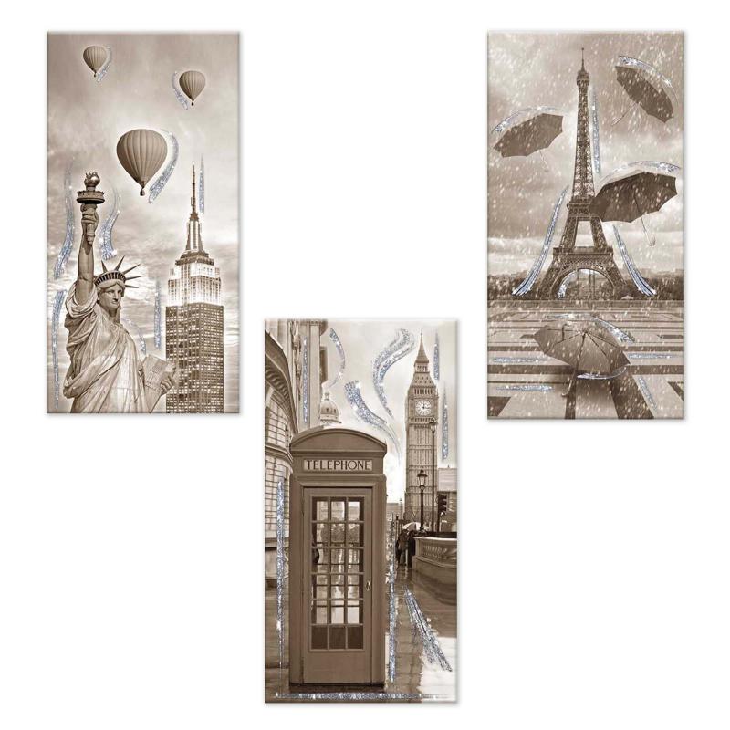 Set 3 pezzi Quadri su tela tema citta' Canvas Day Brillant con glitter 38x75 cm CITY SHABBY del brand Lupia, categoria: Arredo e decorazioni > Quadri e Tele > Quadri su tela.