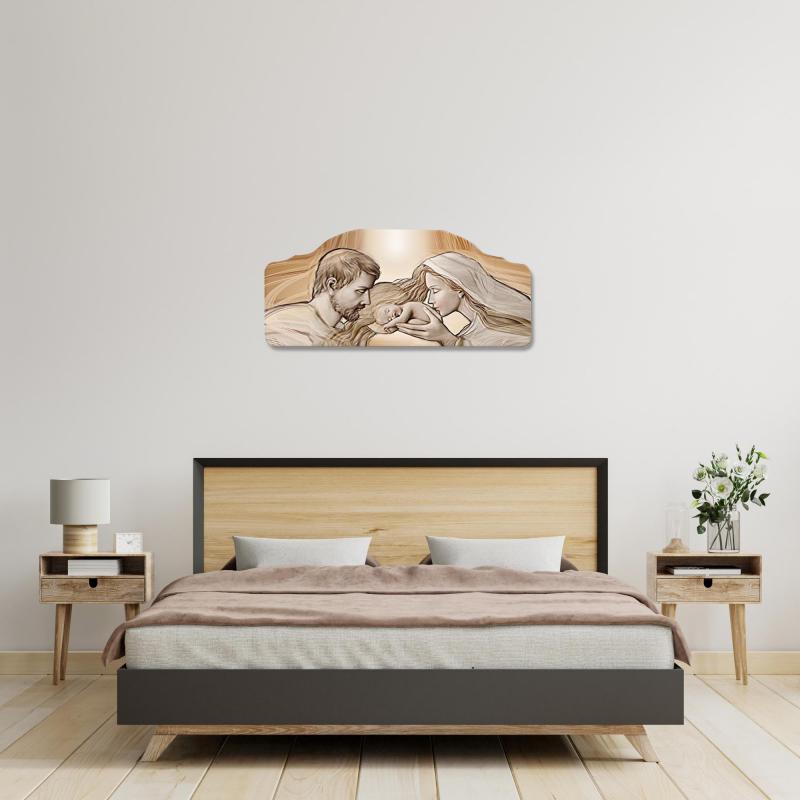 Quadro moderno Capezzale sacra famiglia 42x92 cm HOLY KISS BROWN su tavola lavorata del brand Lupia, categoria: Arredo e decorazioni > Decorazioni da parete > Capezzali.