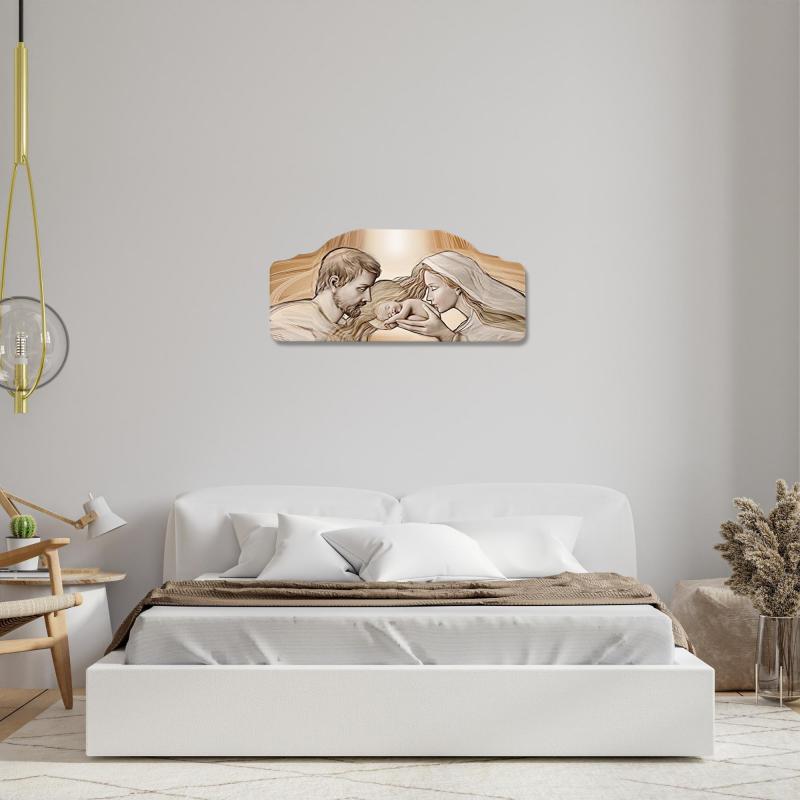 Quadro moderno Capezzale sacra famiglia 42x92 cm HOLY KISS BROWN su tavola lavorata del brand Lupia, categoria: Arredo e decorazioni > Decorazioni da parete > Capezzali.