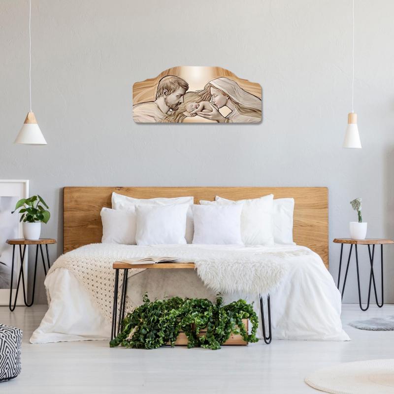 Quadro moderno Capezzale sacra famiglia 42x92 cm HOLY KISS BROWN su tavola lavorata del brand Lupia, categoria: Arredo e decorazioni > Decorazioni da parete > Capezzali.