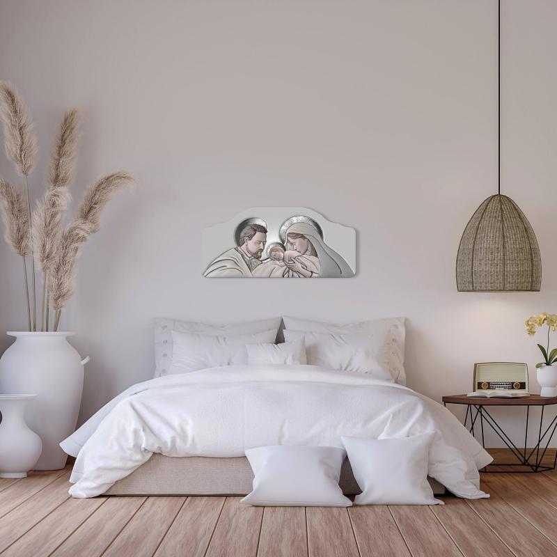 Quadro moderno Capezzale Sacra Famiglia 42x92 cm THE KISS CERAMIC GREY su tavola lavorata del brand Lupia, categoria: Arredo e decorazioni > Decorazioni da parete > Capezzali.