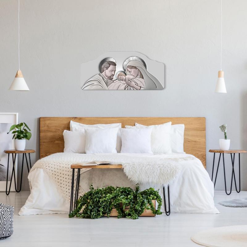 Quadro moderno Capezzale Sacra Famiglia 42x92 cm THE KISS CERAMIC GREY su tavola lavorata del brand Lupia, categoria: Arredo e decorazioni > Decorazioni da parete > Capezzali.