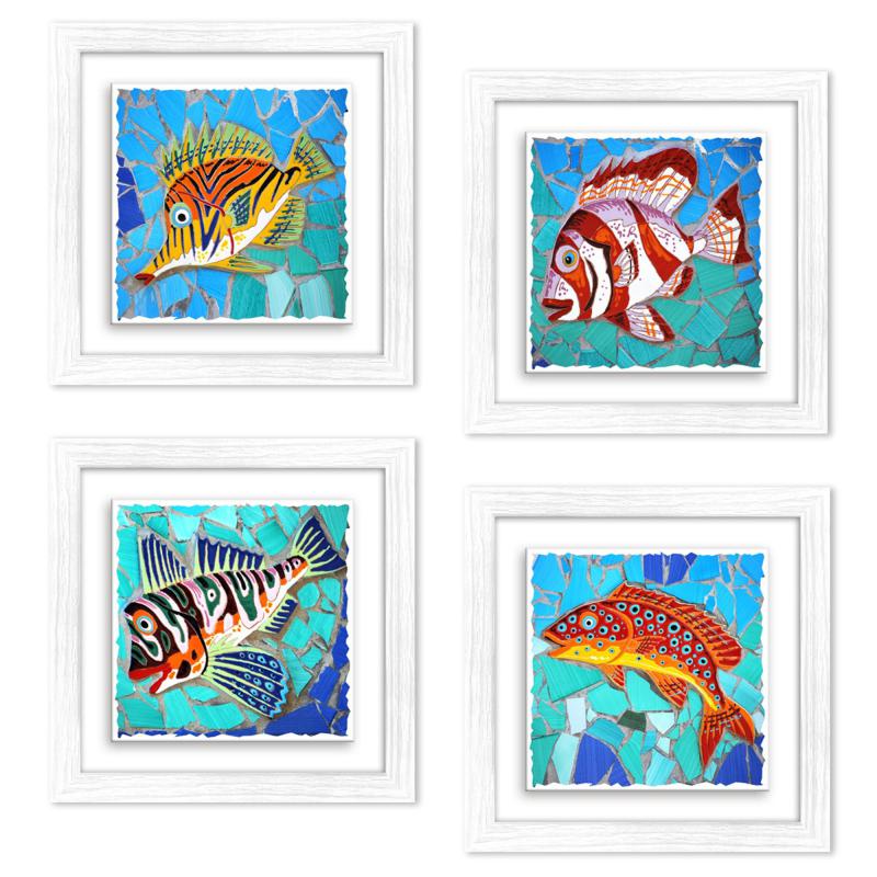Set 4 Quadri moderni stampa su CERAMICA cornice Shabby MODERN White FISHES Vetrate con pesci - 18x18 cm del brand Lupia, categoria: Arredo e decorazioni > Quadri e Tele > Quadri su ceramica, disponibile su Vorreishop.