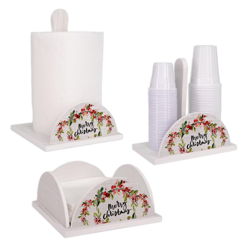 Set 3 pezzi Accessori Cucina di Natale NEW CHRISTMAS A Porta Bicchieri, P. Tovaglioli e P. Rotolo in legno bianco del brand Lupia, categoria: Tavola e cucina > Portabicchieri, Portatovaglioli e Portarotoli > Set Portarotolo, Portatovaglioli e Portabicchieri, disponibile su Vorreishop.