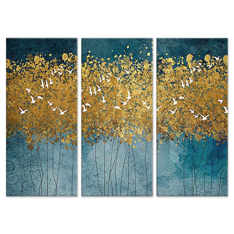 Quadro Moderno 3 pezzi stampa su tela GRANDE QUADRO 122x180 cm FLYING TREES, uccelli in foresta astratta oro per soggiorno, capezzale camera da letto del brand Lupia, categoria: Arredo e decorazioni > Quadri e Tele > Grandi Quadri, disponibile su Vorreishop.