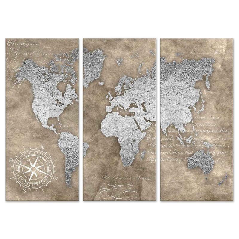 Quadro Moderno 3 pezzi stampa su tela GRANDE QUADRO 122x180 cm WORLD BROWN SILVER, carta geografica mappamondo per soggiorno, camera da letto, ufficio del brand Lupia, categoria: Arredo e decorazioni > Quadri e Tele > Grandi Quadri, disponibile su Vorreishop.